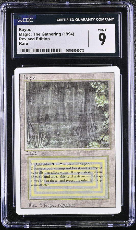 Graded CGC 9 Mint Magic: The Gathering Bayou card from Revised Edition in protective case