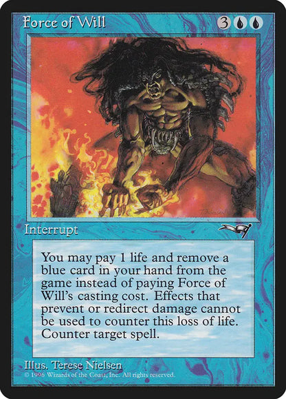 Fierce creature with wild hair from Magic: The Gathering trading cards in flames