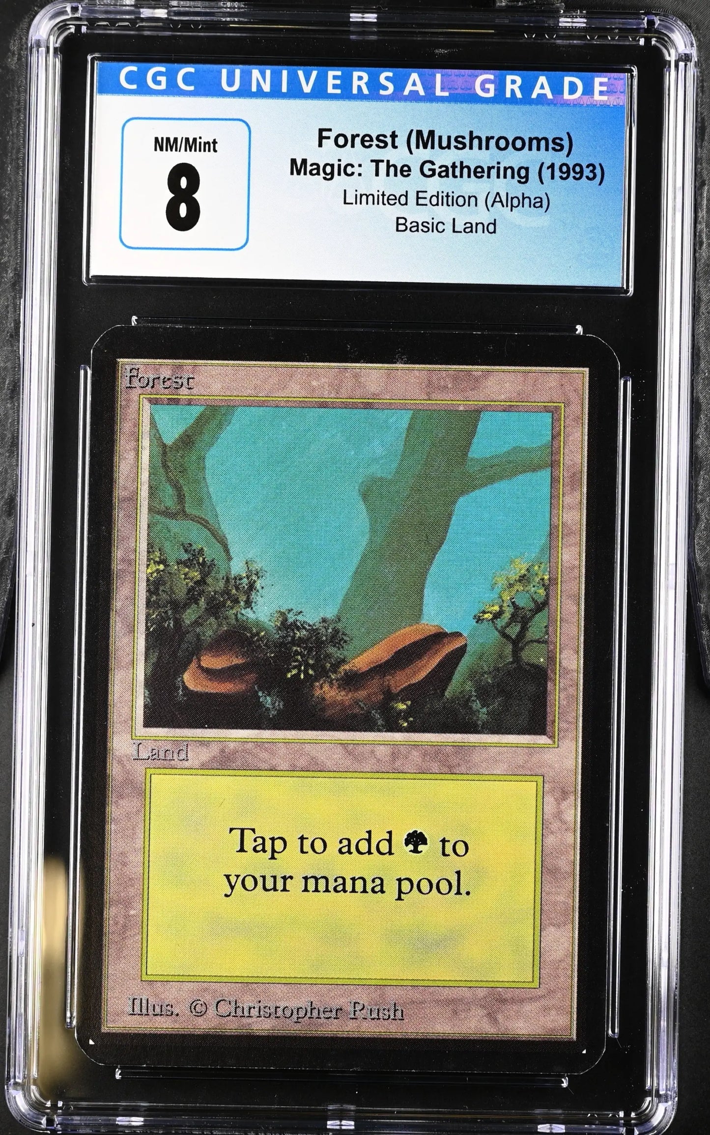 Graded CGC 8 NM/Mint Magic: The Gathering Forest Alpha Edition trading card from 1993