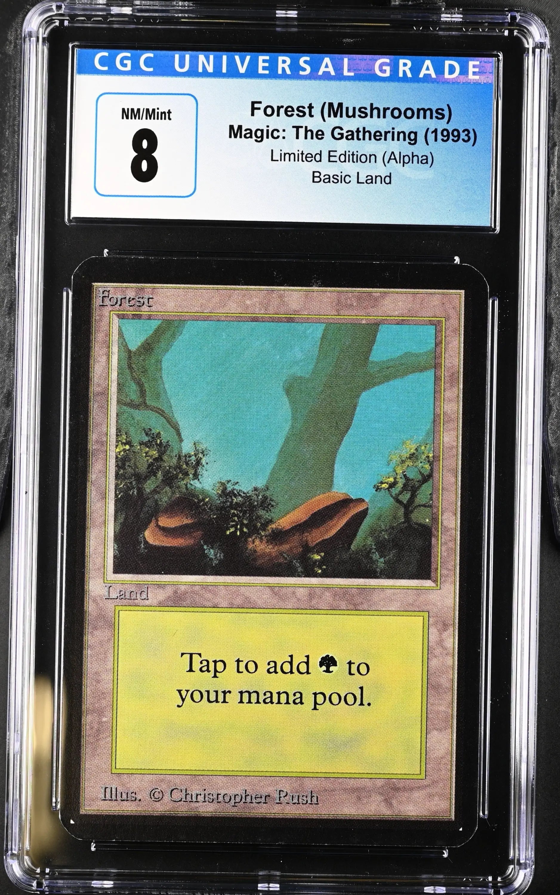 Graded CGC 8 NM/Mint Magic: The Gathering Forest Alpha Edition trading card from 1993