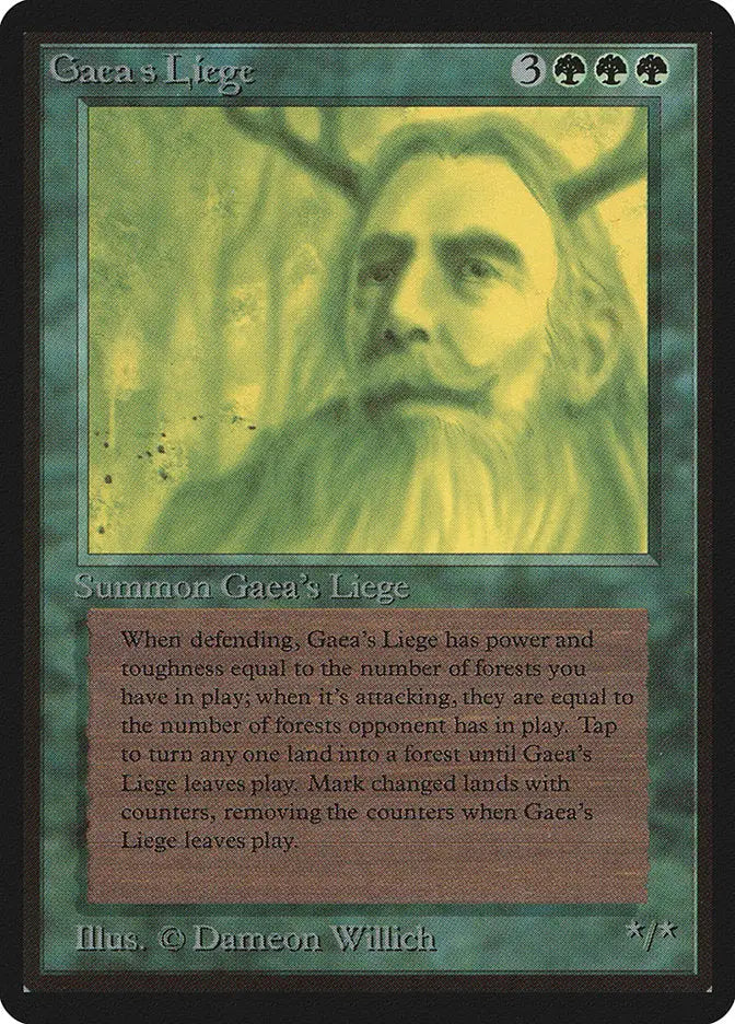 Portrait of a bearded man with long hair, featured in Gaea’s Liege Beta Edition trading card