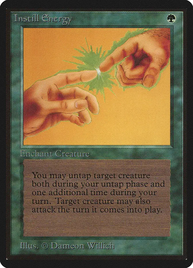 Two hands touch with a glowing spark, representing Magic: The Gathering Beta Edition