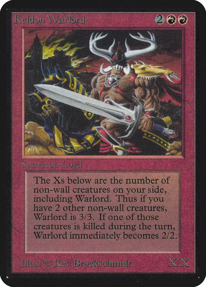 Muscular horned warrior with a sword in flames from Magic: the Gathering Alpha Edition