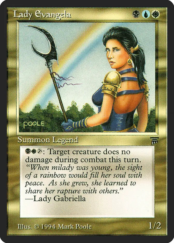 Trading card of Lady Evangela, a fantasy warrior woman, from Magic: the Gathering