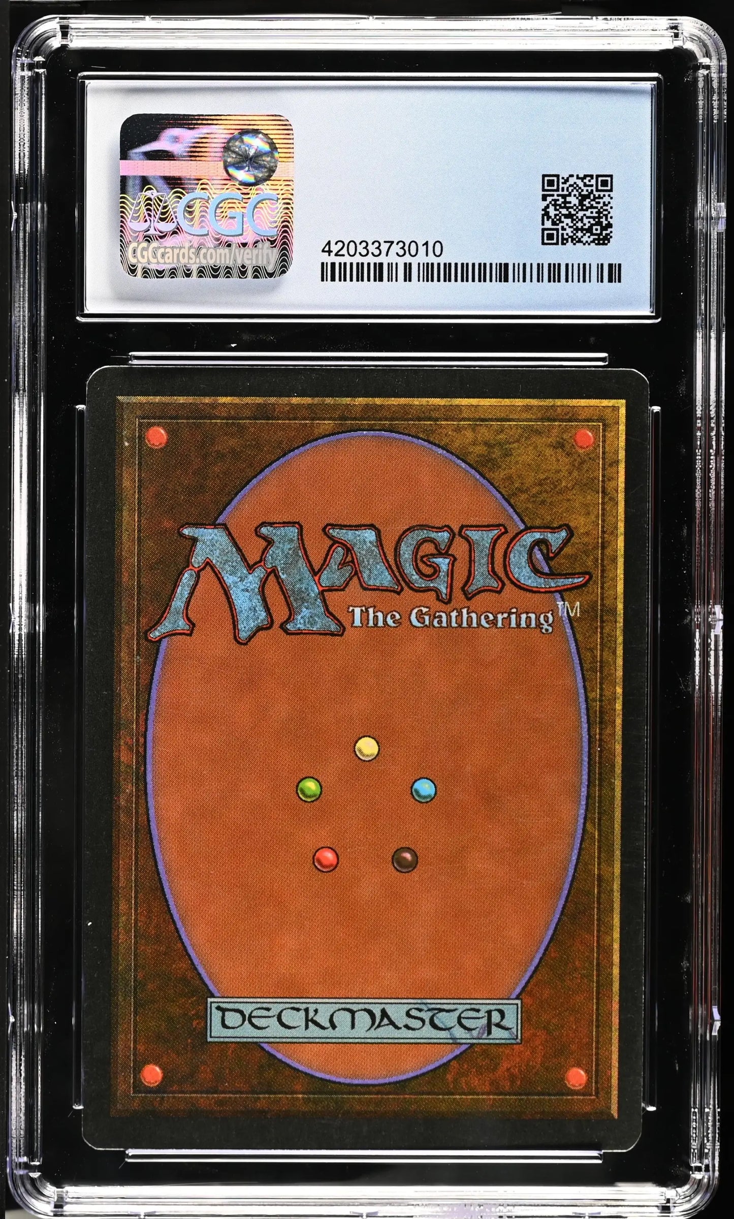 Graded Magic: The Gathering card back in a protective holder for trading cards collectors