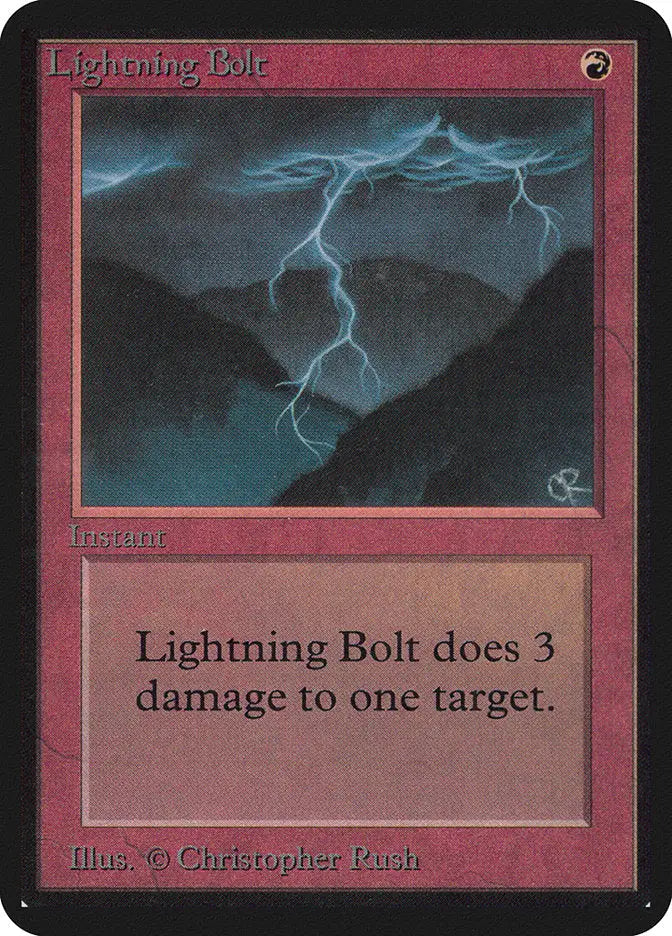 Bright lightning bolt across a dark sky for Magic: the Gathering Alpha Edition trading card