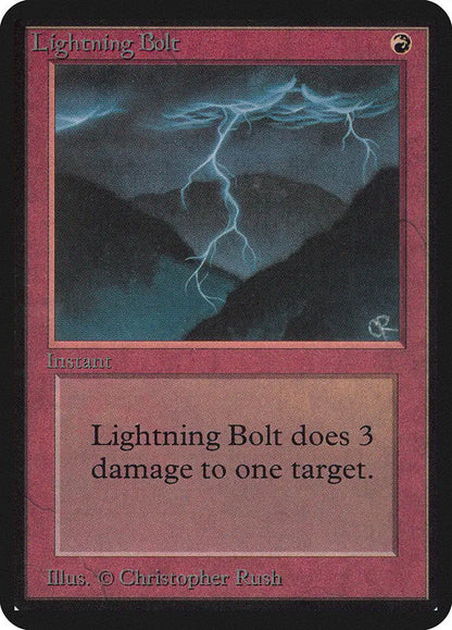 Bright lightning bolt cuts through dark stormy sky on Magic: the Gathering Alpha Edition card