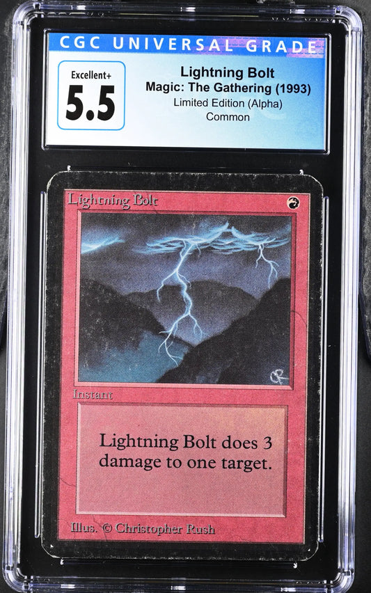 Graded CGC 5.5 Lightning Bolt trading card from Alpha Edition Magic: The Gathering