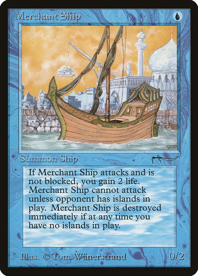 Wooden merchant ship with curved hull and tall mast from Arabian Nights artwork