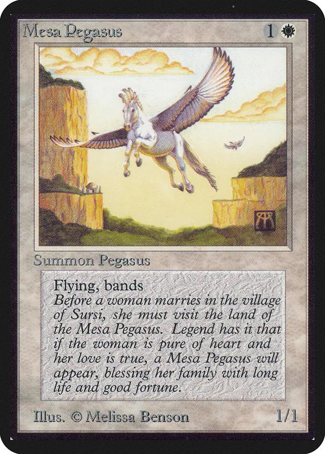 Winged horse with humanoid rider soaring between cliffs in Mesa Pegasus Alpha Edition trading card