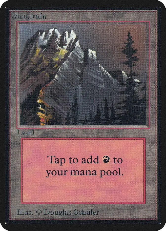 Mountain with glowing crevices in dark landscape from Magic: The Gathering Alpha Edition trading cards