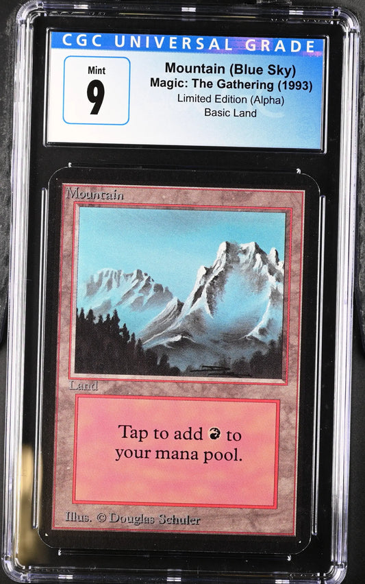 Graded Alpha Edition Magic: The Gathering MTG Mountain card featuring blue sky design