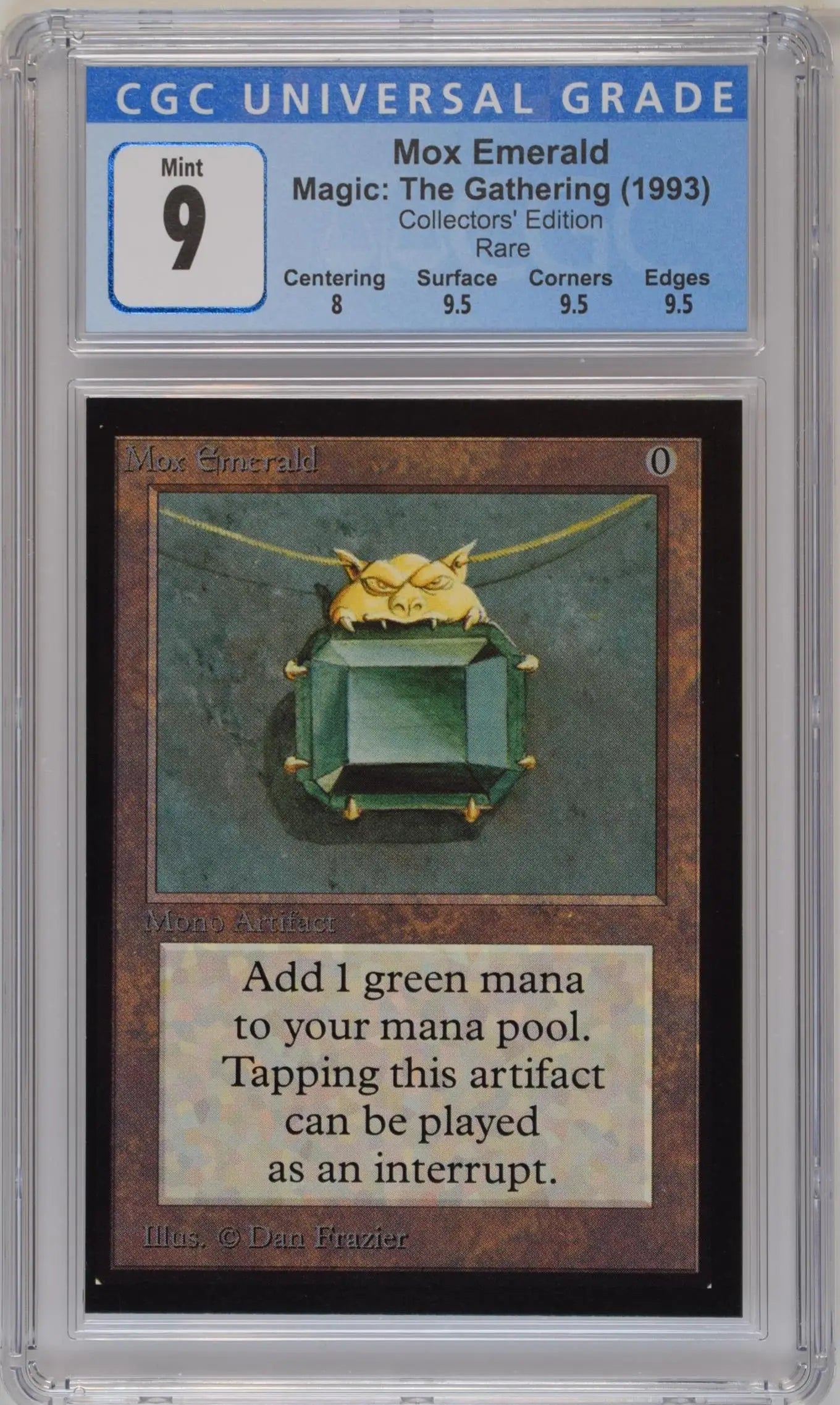 Graded CGC 9 Mint Magic: The Gathering Mox Emerald trading card for collectors