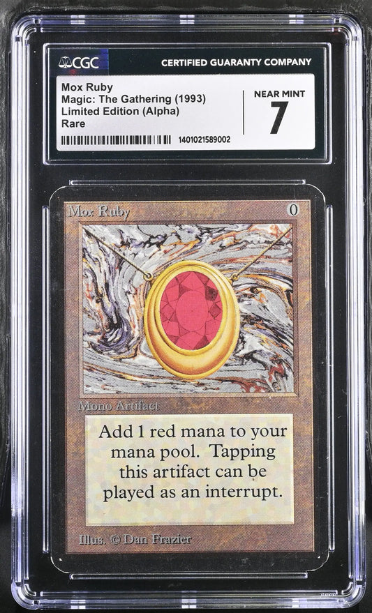 Graded CGC 7.0 Mox Ruby Alpha Edition trading card, a rare Magic: The Gathering artifact