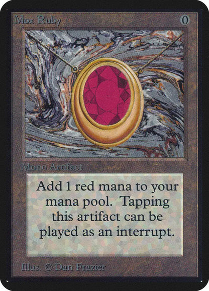 Golden oval frame with vibrant red gemstone for Magic: The Gathering Alpha Edition card