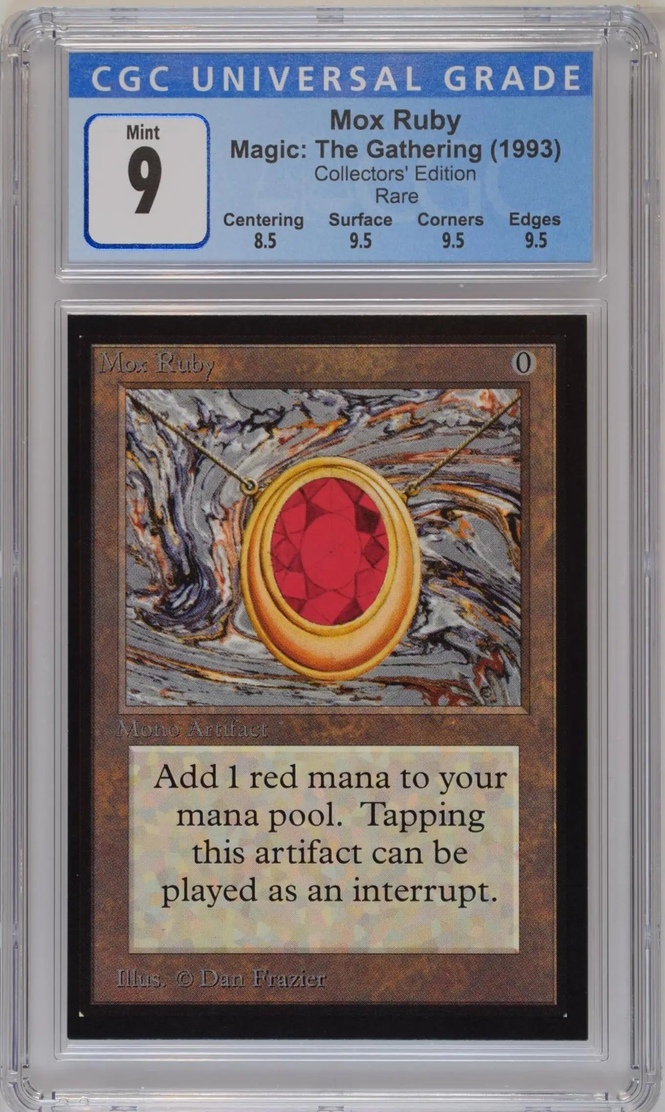 Graded Magic: The Gathering Mox Ruby card in protective case for trading cards collectors