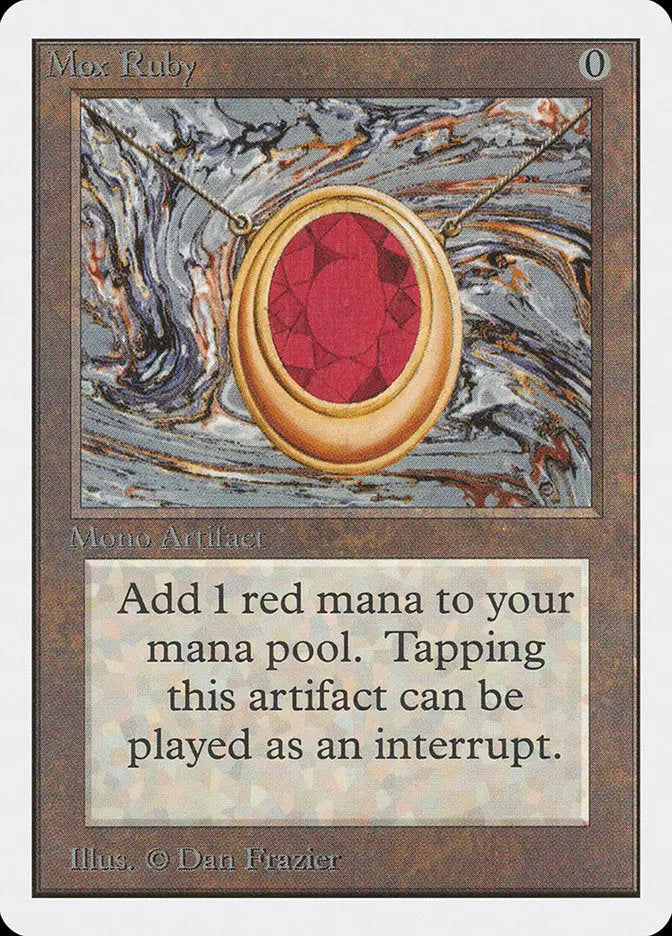 Golden oval frame with red gemstone on marbled background for MTG Unlimited Edition card