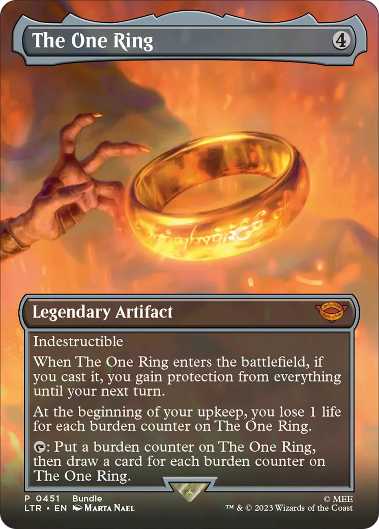 Glowing golden ring with runes in flames from Magic: The Gathering trading cards