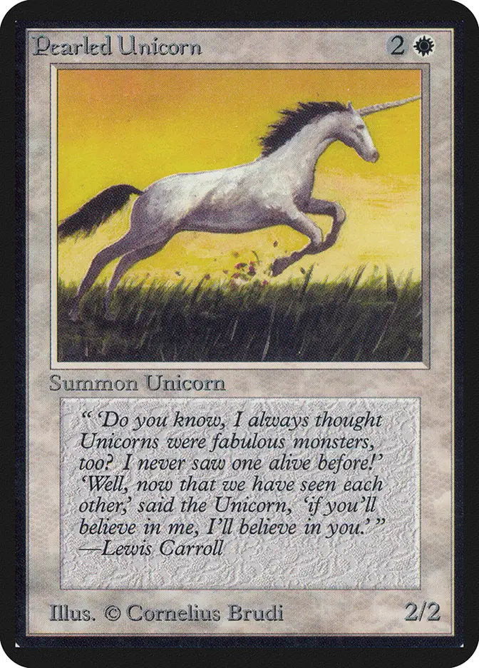 White unicorn with dark mane galloping in grassy field, Magic: The Gathering Alpha Edition