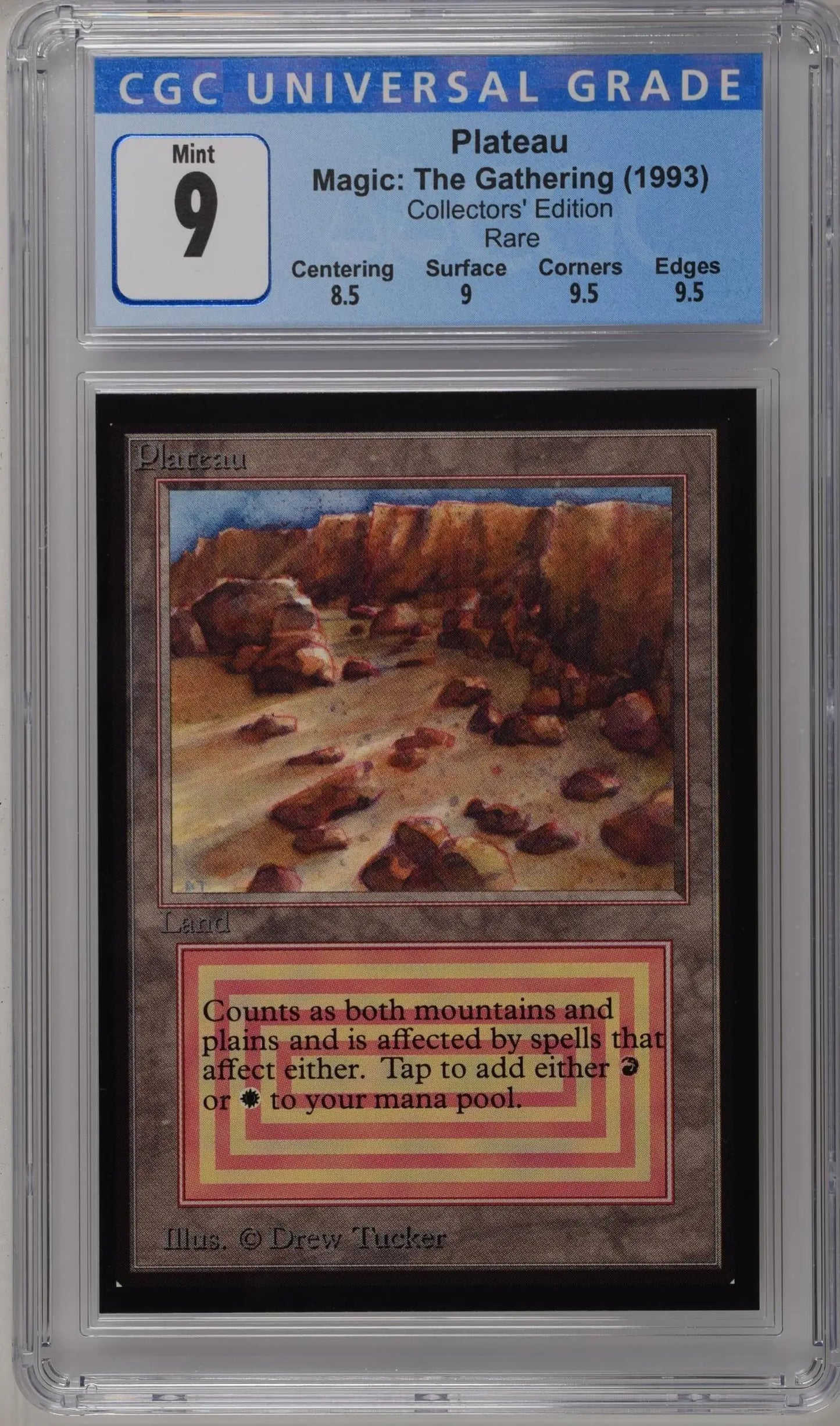 Graded CGC 9 Mint Magic: The Gathering Plateau card in protective case for collectors