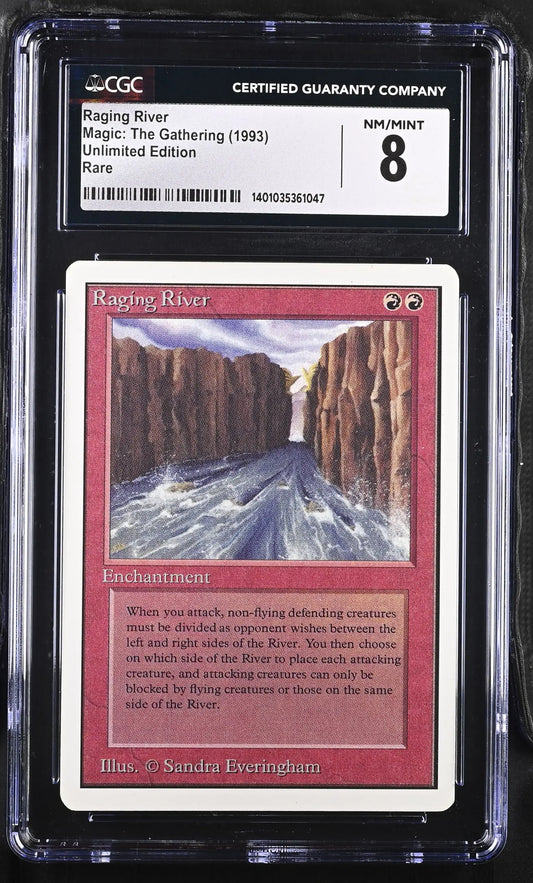 Graded CGC 8 Magic: The Gathering Raging River Unlimited Edition trading card in case