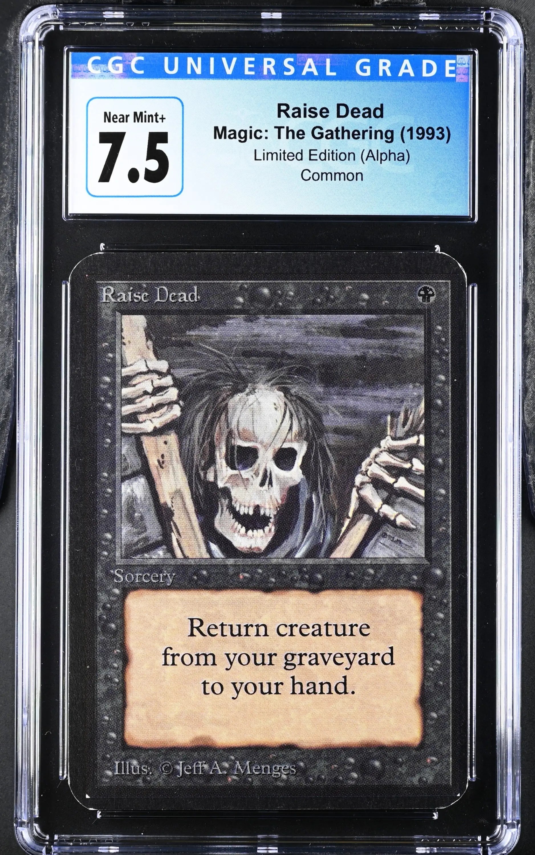 Graded CGC 7.5 Magic: The Gathering Alpha Edition Raise Dead trading card with skeletal figure