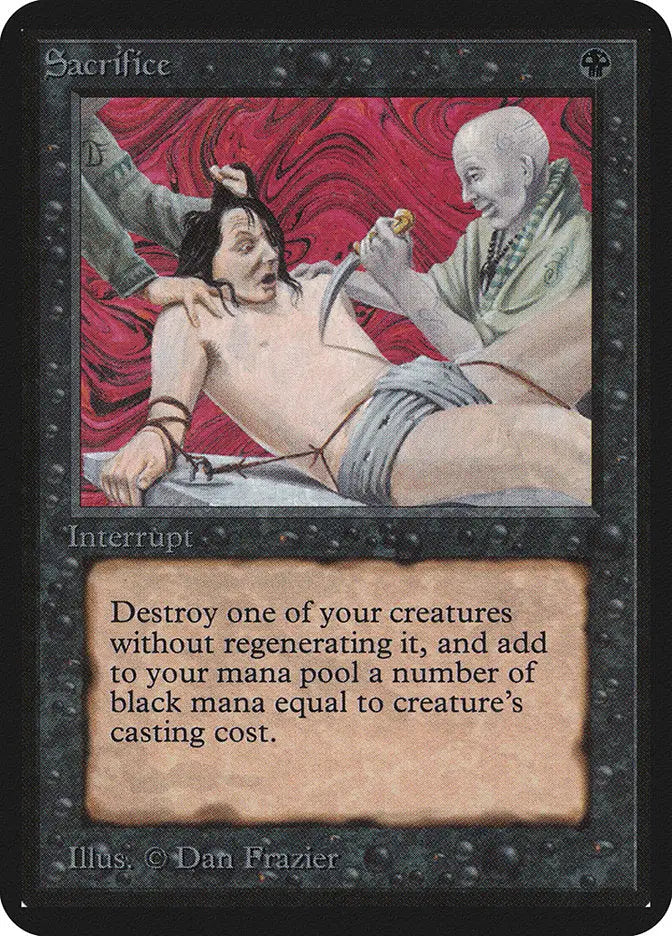 Magic: The Gathering Alpha Edition Sacrifice card showcasing a gruesome sacrificial scene