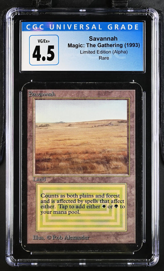 Graded CGC 4.5 Alpha Edition Magic: The Gathering Savannah trading card with plains art