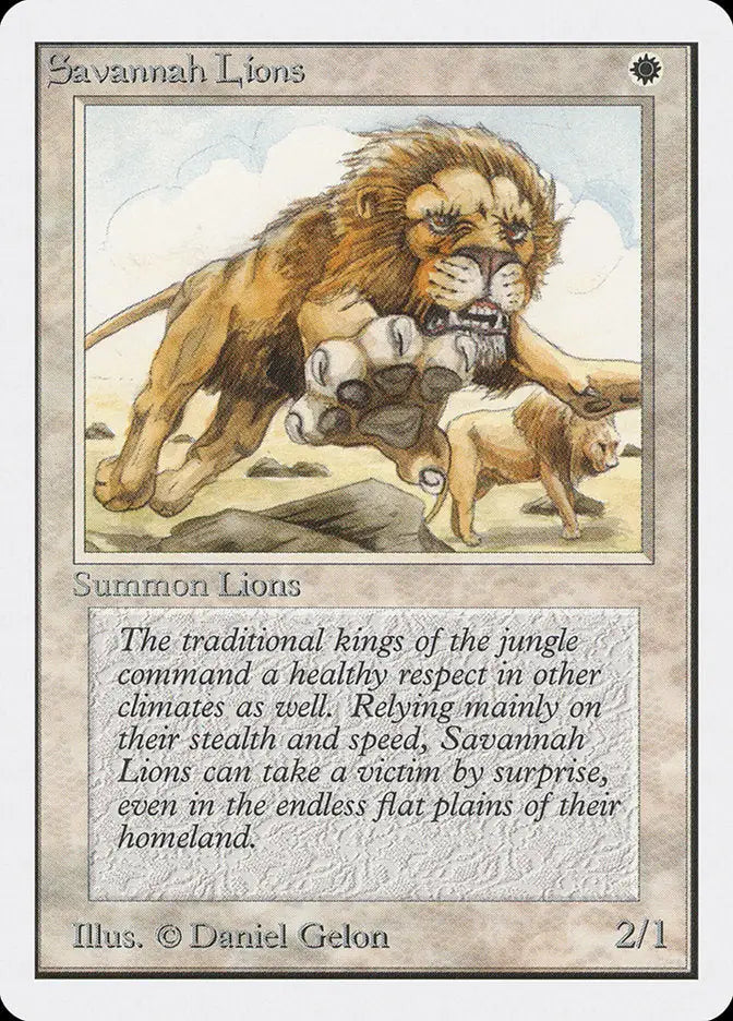 Fierce lion pouncing on prey with smaller lions in Magic: The Gathering Savannah Lions Unlimited Edition