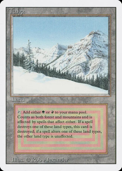 Snow-covered mountain peaks and evergreen trees featured in Magic: the Gathering Revised Edition