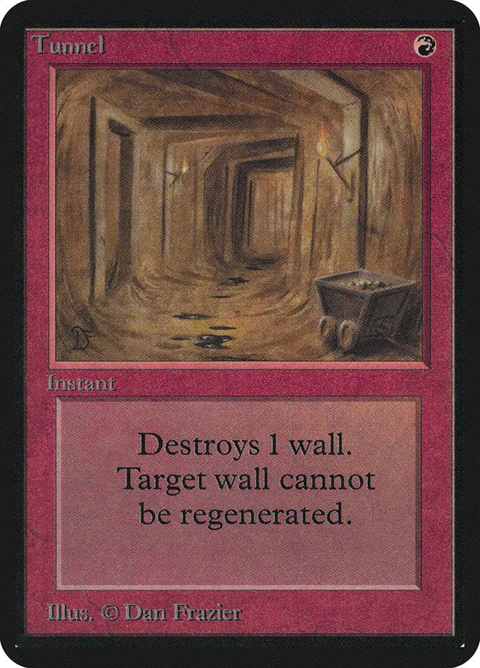 Dimly lit underground tunnel with wooden cart from Magic: The Gathering Alpha Edition