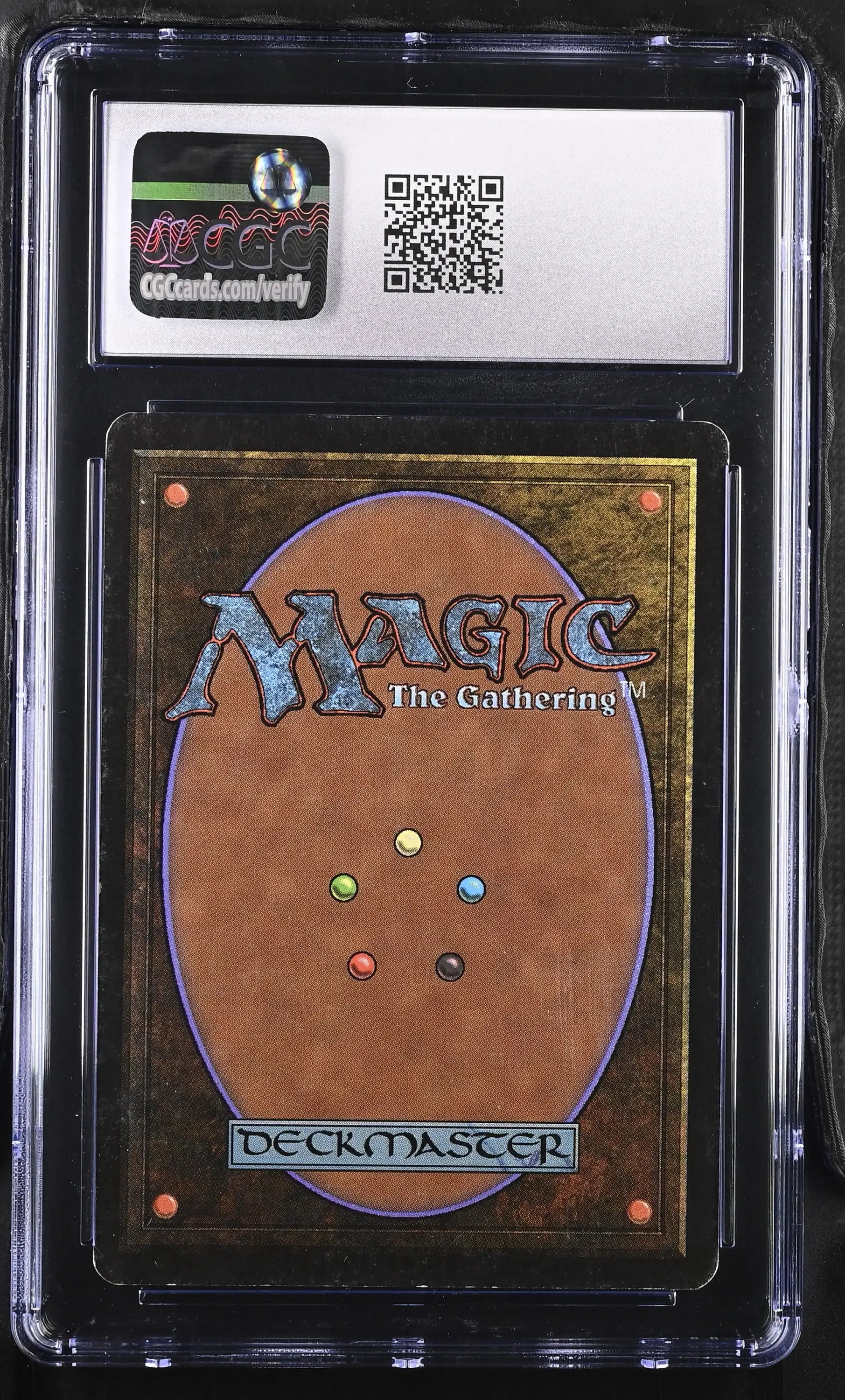 Magic: The Gathering Beta Edition Veteran Bodyguard card back in protective case with QR code