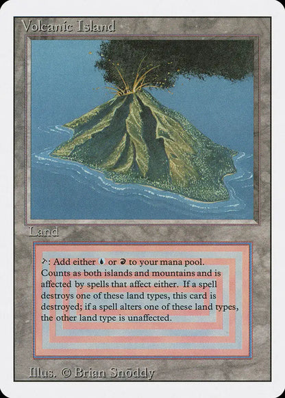 Volcanic Island with erupting peak in Magic: The Gathering Revised Edition trading card