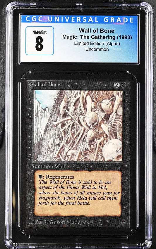 Graded MTG Wall of Bone Alpha Edition trading card featuring skeletal artwork