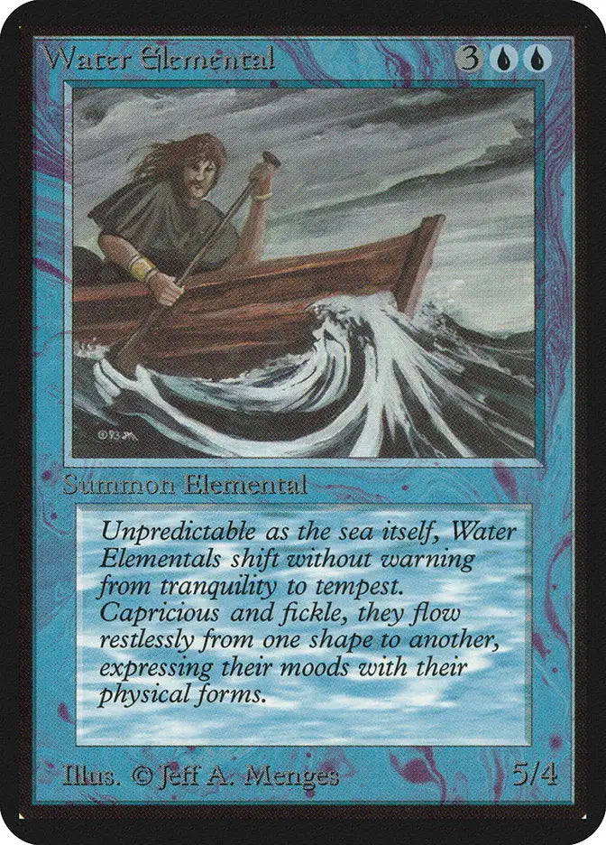 Water Elemental Alpha Edition card artwork featuring a figure rowing through turbulent waves