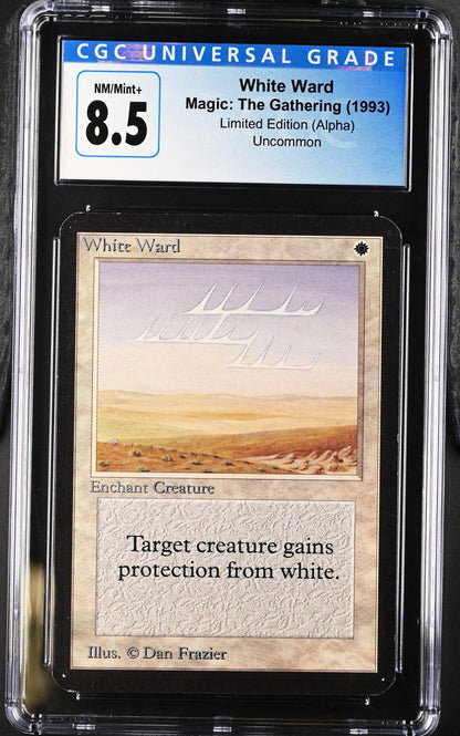 Graded CGC 8.5 Magic: The Gathering Alpha Edition White Ward trading card displayed