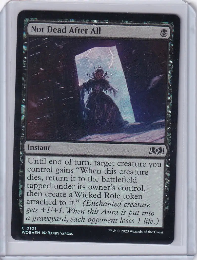 Magic Wilds of Eldraine trading card Not Dead After All with shadowy figure in doorway mint foil