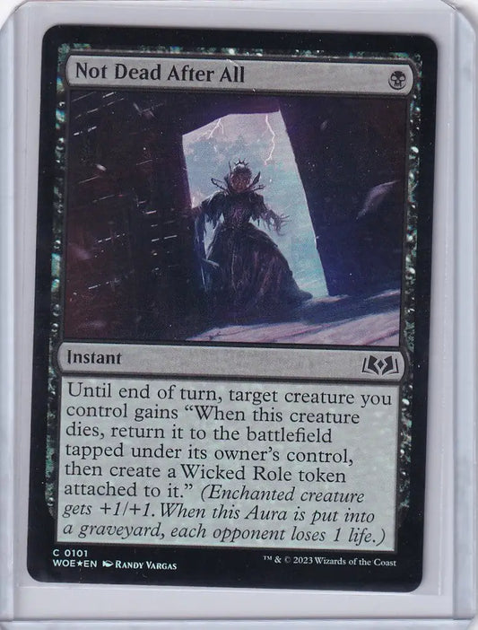 Magic Wilds of Eldraine trading card Not Dead After All with shadowy figure in doorway mint foil