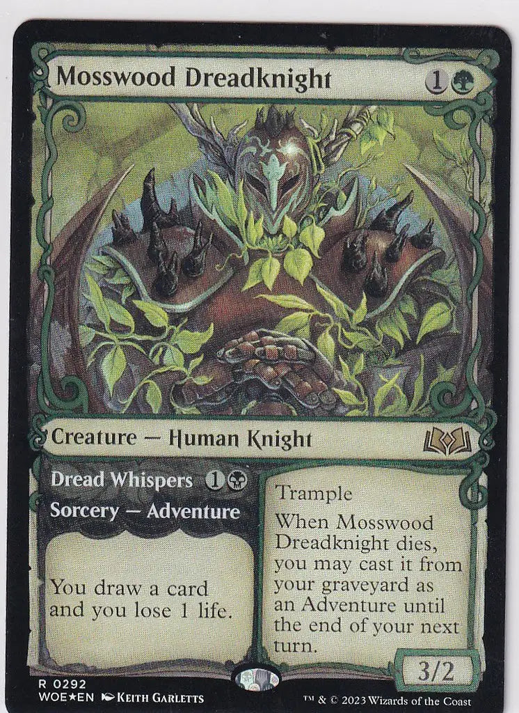 Magic Wilds of Eldraine Mosswood Dreadknight near mint foil card with dark armored figure