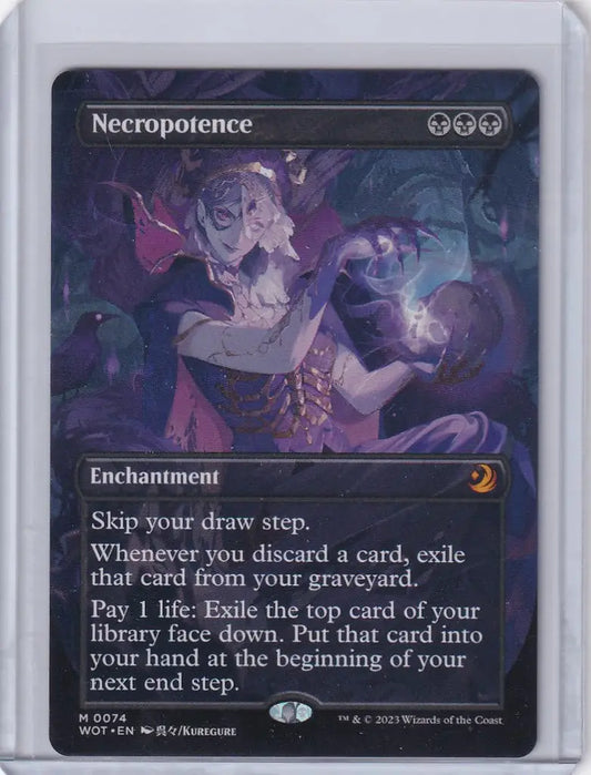 Magic Wilds of Eldraine Enchanting Tales card featuring Necropotence in anime borderless style