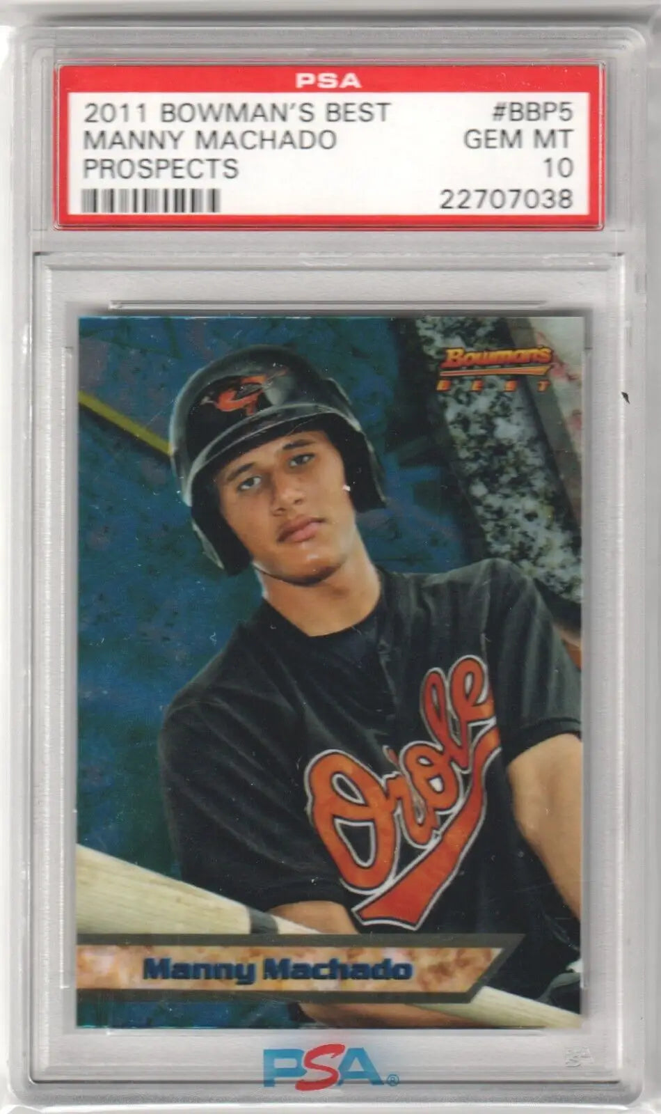 PSA-graded Manny Machado 2011 Bowman’s Best Prospects card in protective case – Columbia Hobby