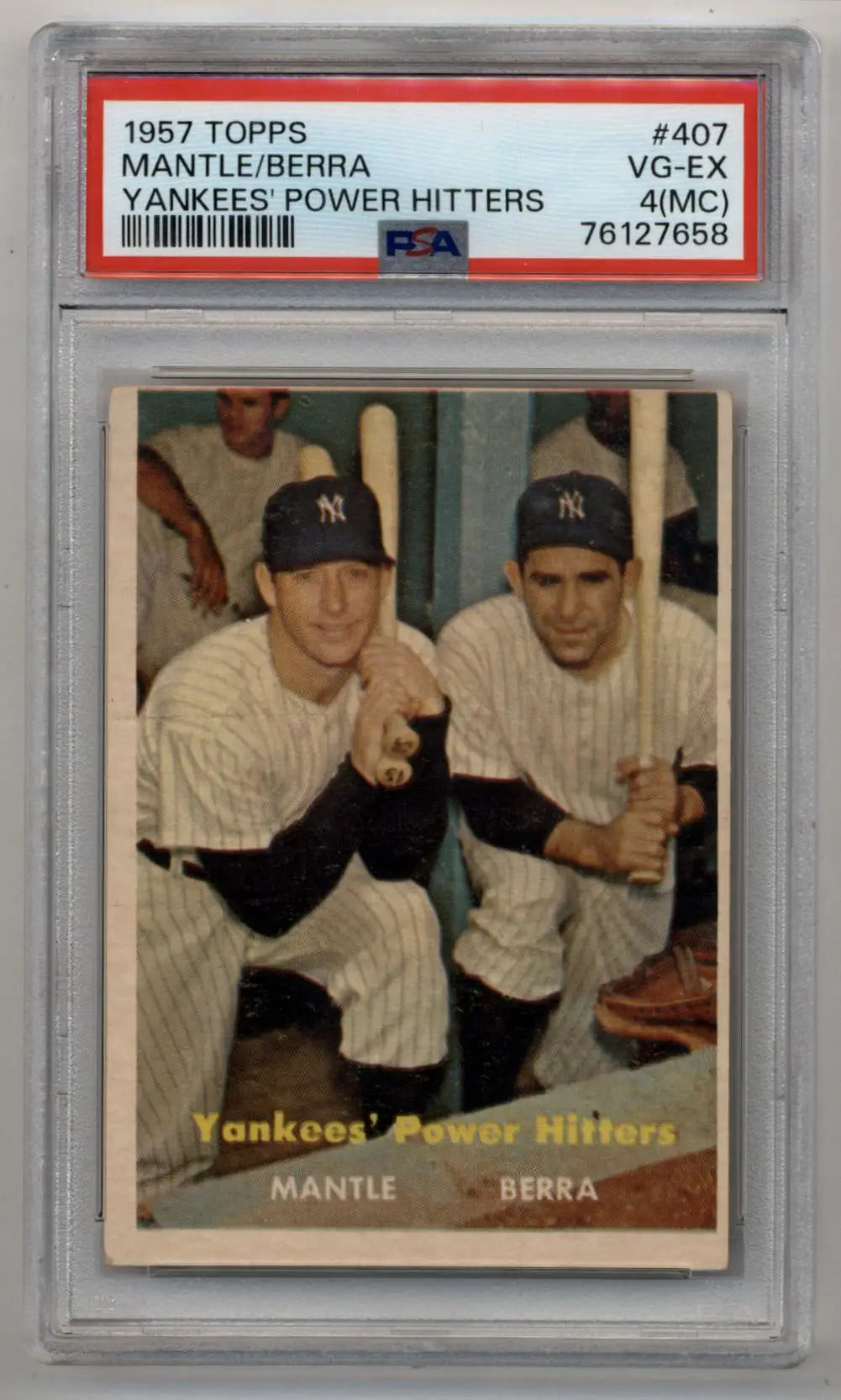 PSA-graded 1957 Topps Yankees Power Hitters card featuring Mantle and Berra in uniforms