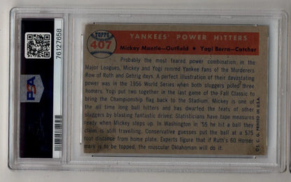 Vintage Mantle/Berra 1957 Topps Yankees Power Hitters baseball card in case with QR code