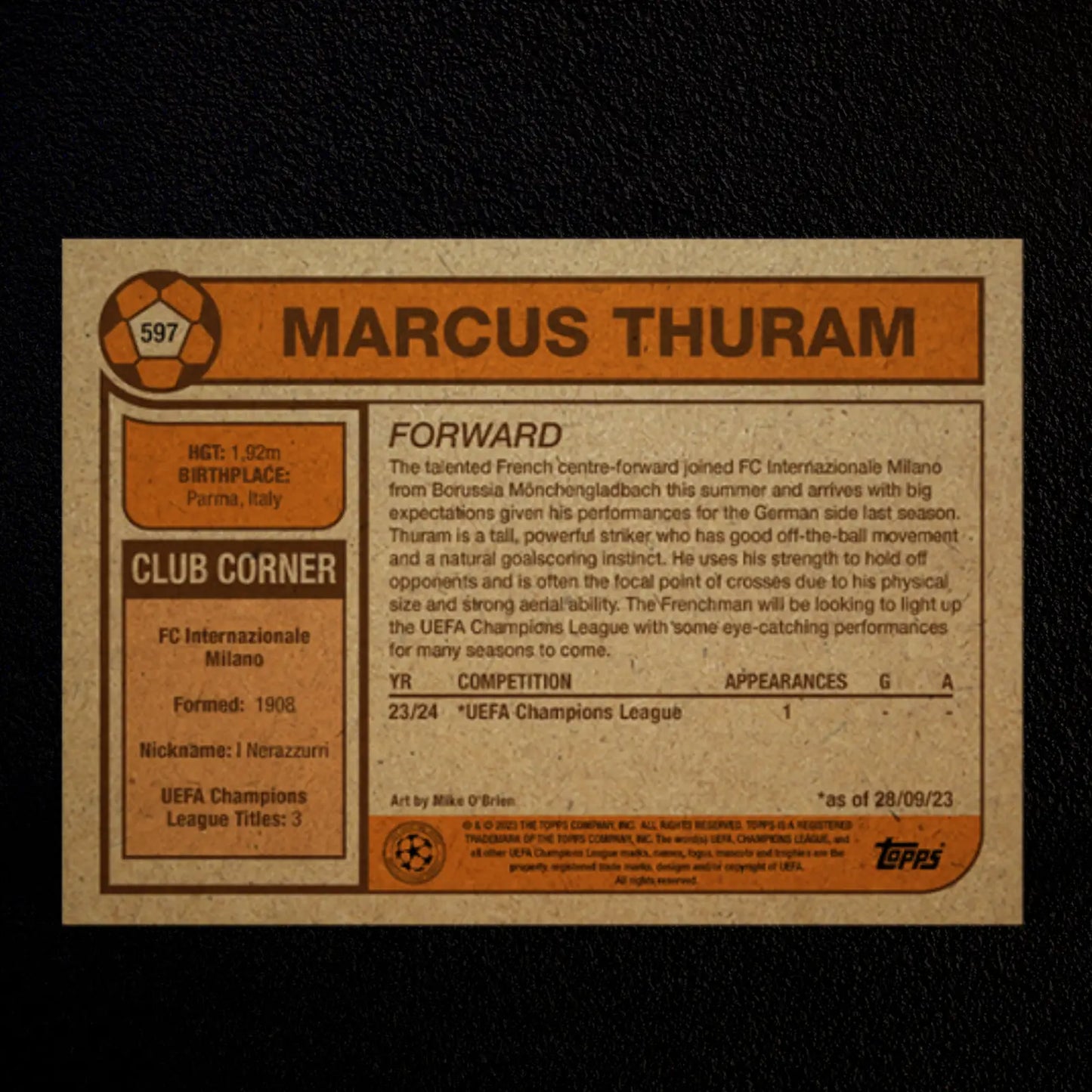 Vintage-style Marcus Thuram soccer card from the Topps UCC Living Card Set #597