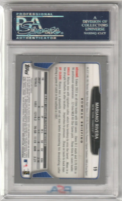 Back view of PSA-graded Mariano Rivera 2013 Bowman Chrome card in protective case