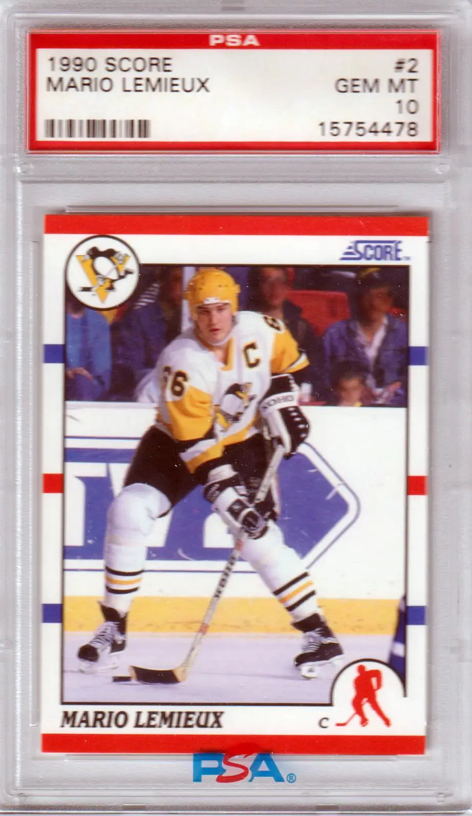 PSA-graded 1990 Score Mario Lemieux trading card in yellow jersey for Columbia Hobby