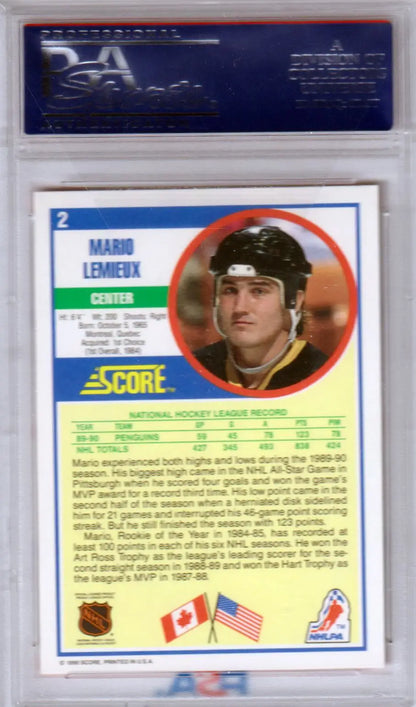 MARIO LEMIEUX 1990 Score #2 trading card in a protective case from Columbia Hobby