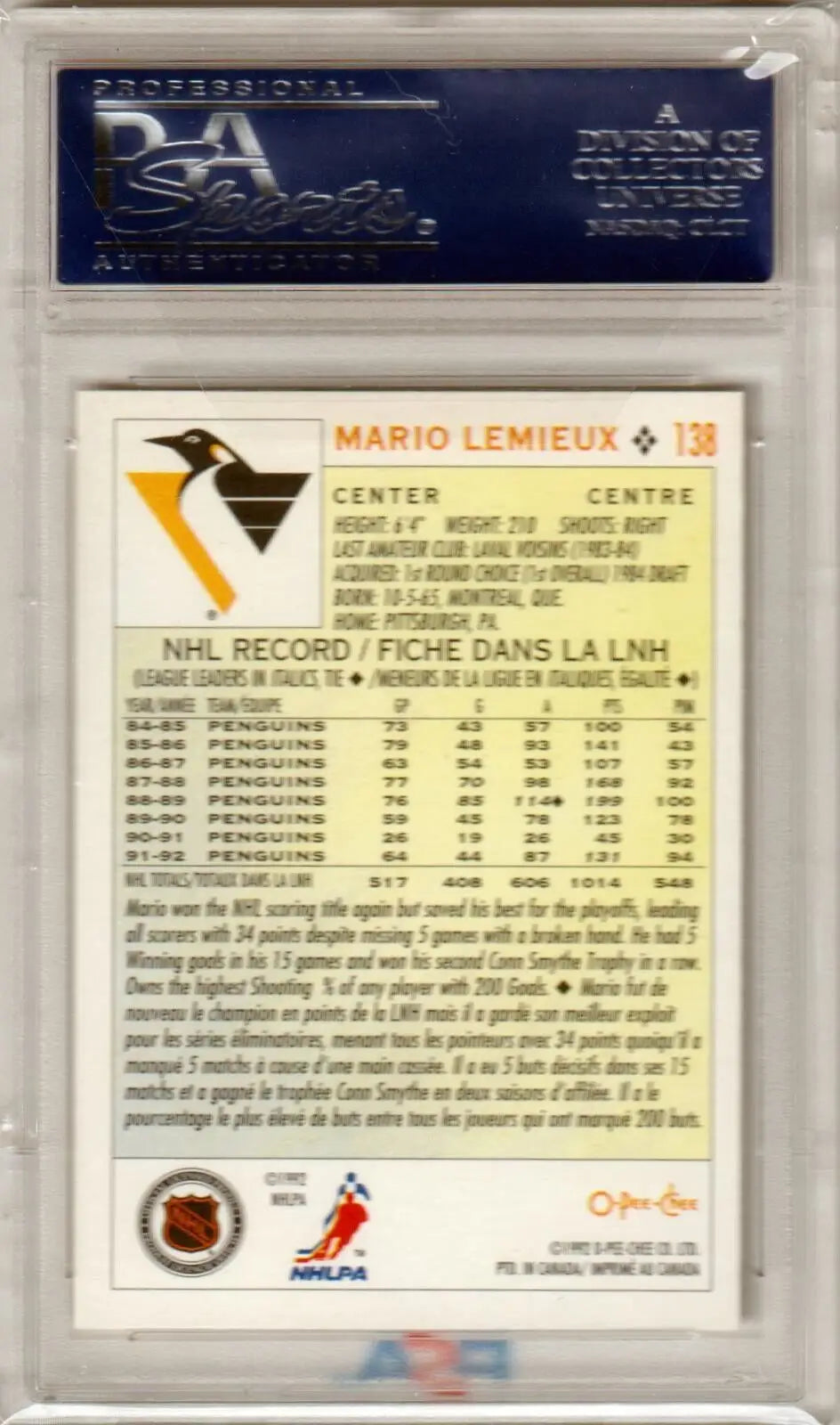 Hockey trading card of Mario Lemieux with bilingual stats for Columbia hobby collectors