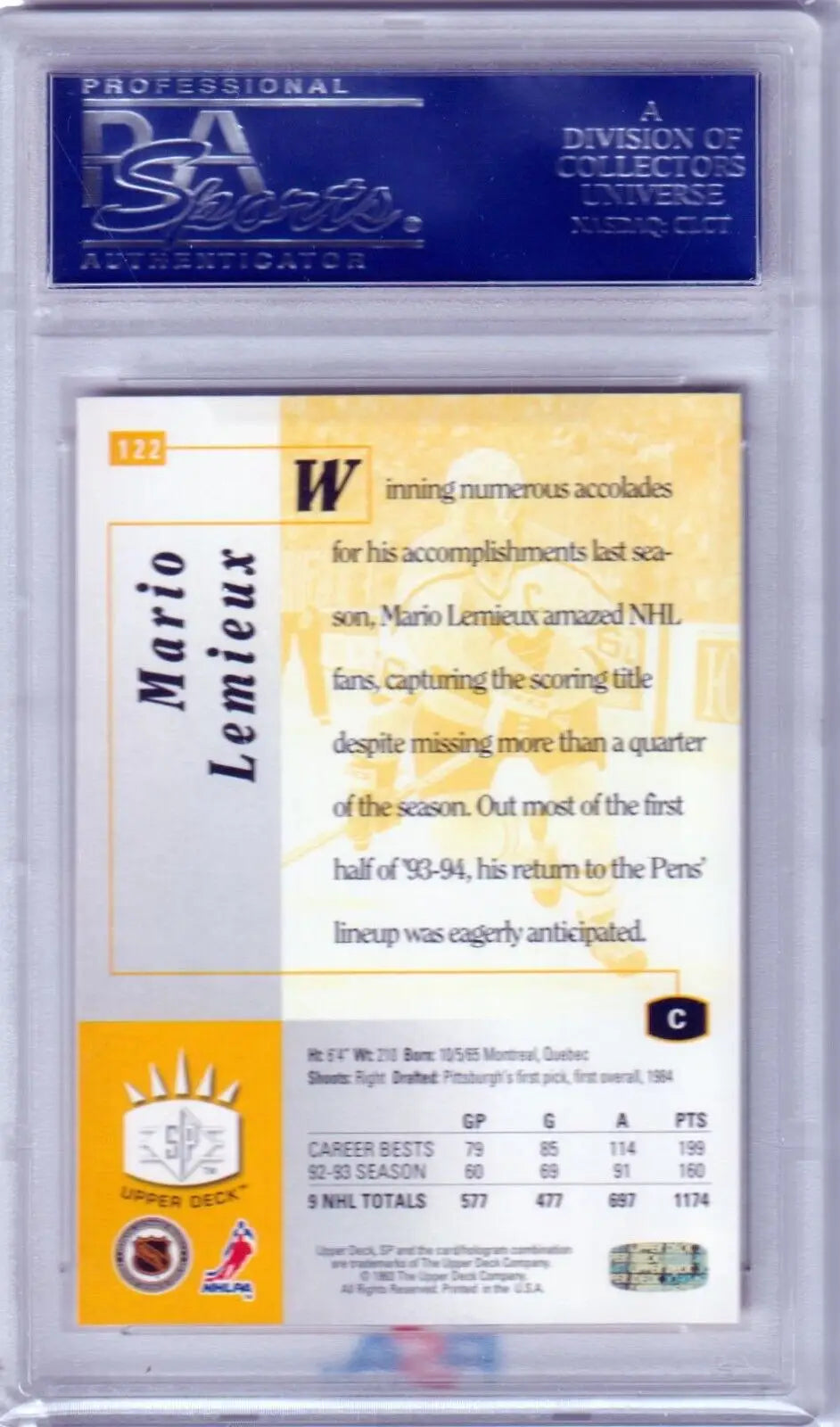 MARIO LEMIEUX 1993 Upper Deck SP #122 PSA 10 GEM MINT card in blue holder from Columbia Hobby