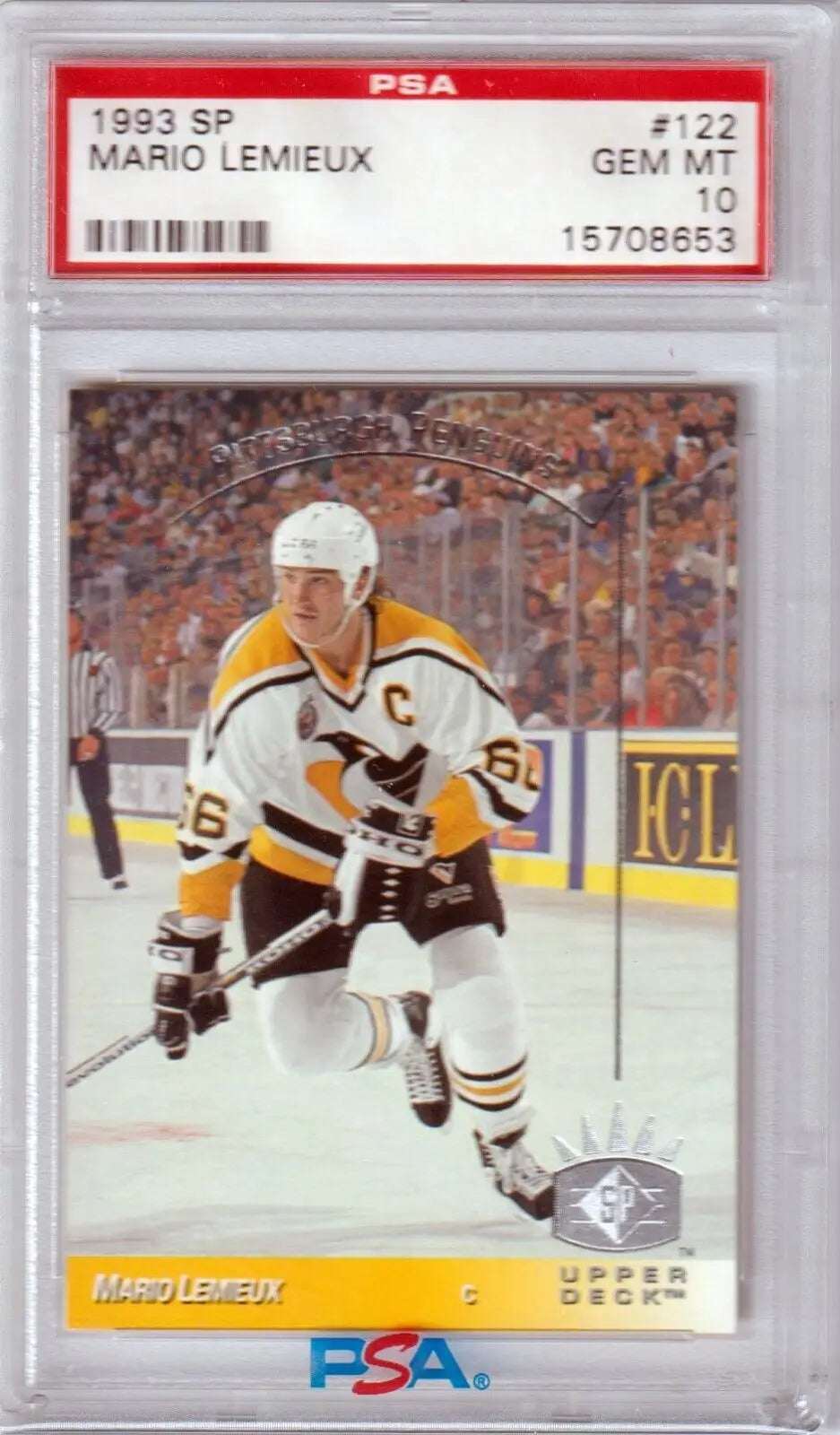 PSA-graded Mario Lemieux 1993 Upper Deck SP #122 color card for sale at Columbia Hobby